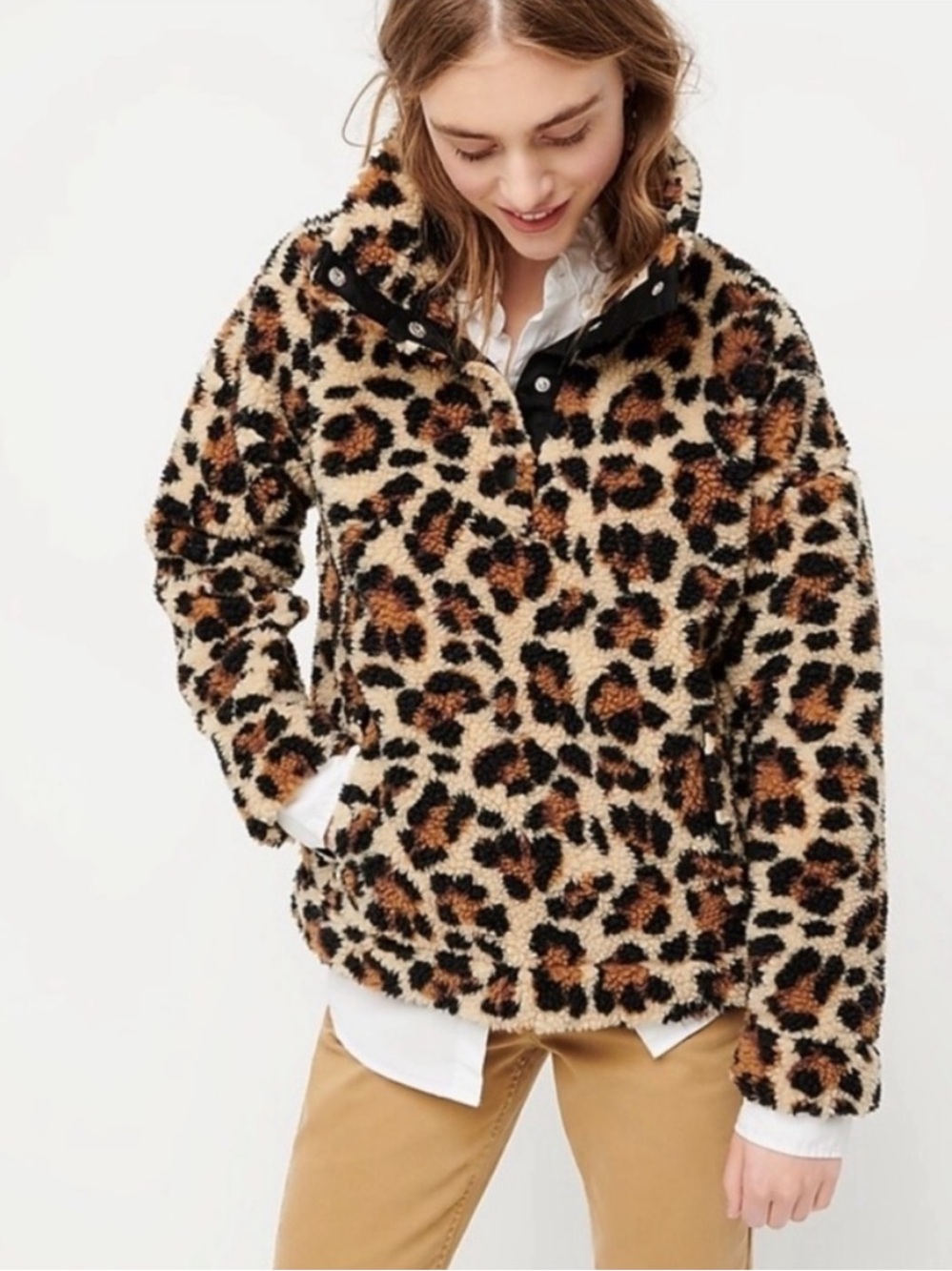 J. Crew Vintage Fleece Leopard  Cheetah Teddy Sherpa Jacket in Brown and Black